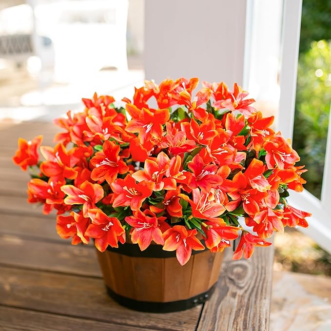 INSPRING Artificial Fall Flowers for Outdoors Decoration, 3 Bundles Fake Silk Azalea Flower Plants Outside UV Resistant Realistic Faux Flowers for Planters Porch Patio Garden Walkways Home, Orange