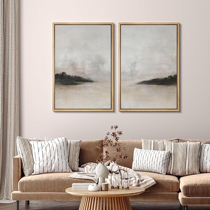 SIGNFORD Framed Canvas Print Wall Art Set Misty Horizon Soft Neutral Toned Landscape Illustration Modern Art Decorative Nordic Nature for Living Room, Bedroom, Office - 16"x24"x2 Natural