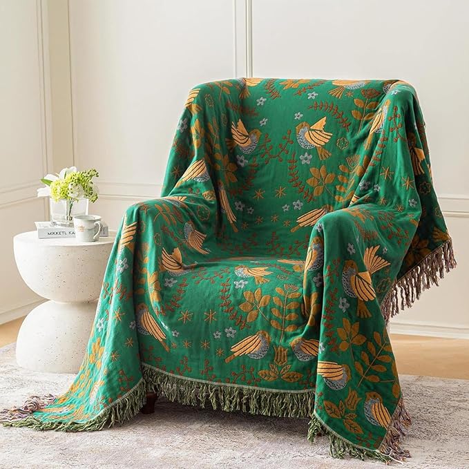 MSGKV Cotton Bed Blanket for Couch and Sofa Blankets for Living Room Bedroom Floral and Birds Throw 80"x90" Breathable Cozy Boho Blankets