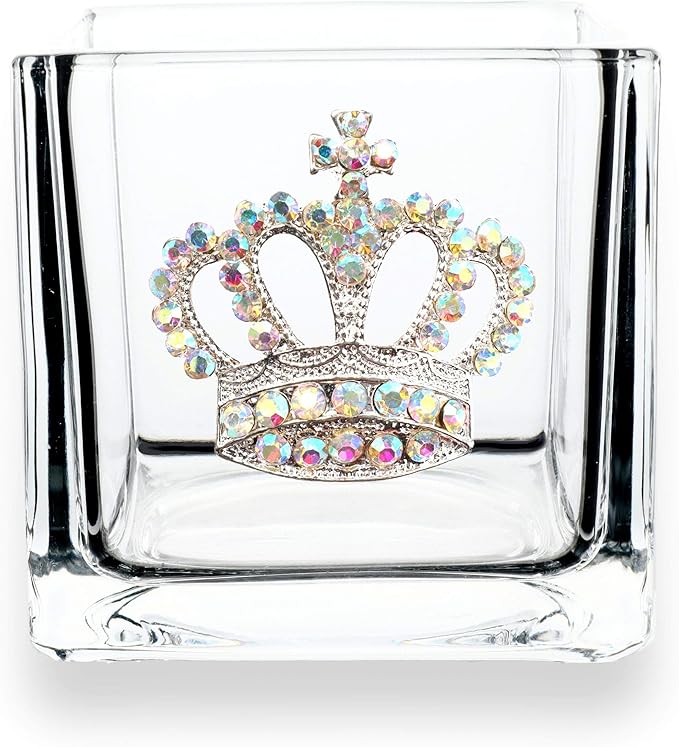 THE QUEENS' JEWELS Aurora Borealis Crown Jeweled 4x4 Candle Holder Vase - Unique Gift for Women, Birthday, Cute, Fun, Cocktail, Queen, Not Painted, Decorated, Bling, Bedazzled, Rhinestone