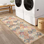 Lahome Moroccan Washable Kitchen Runner, 2x7 Runner Rug with Rubber Backing Non Slip, Vintage Hallway Rug Throw Carpet for Hallways Bedroom Laundry Room Entryway, Cream/Multi