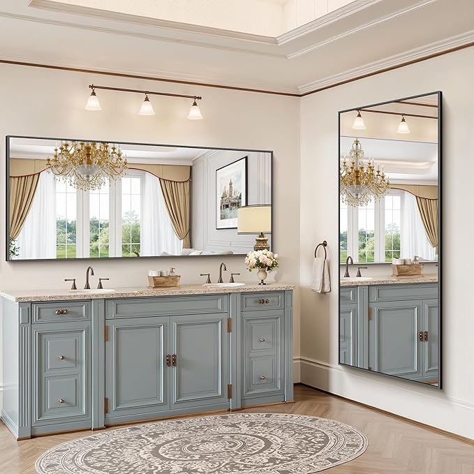 YIROMAN Bathroom Mirror 72"x30", Large Matte Black Bathroom Mirror for Over Sink with Aluminum Frame, Rectangular Vanity Mirror with Right Angle, Wall Mirror Hangs Horizontal or Vertical, Shatterproof