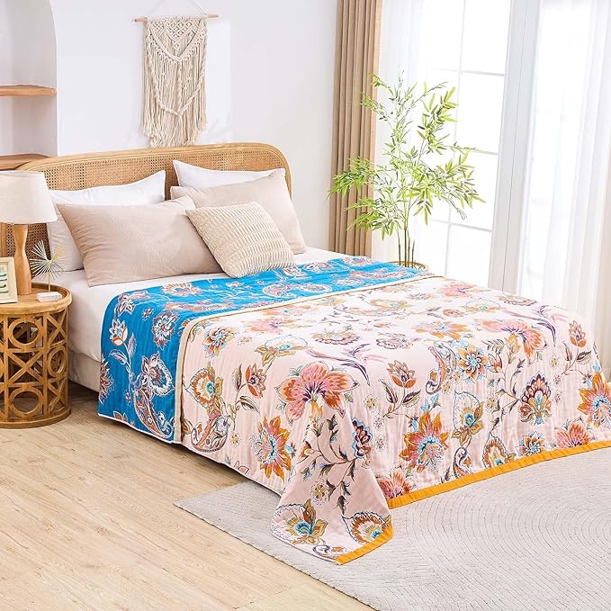 Boho Throw Blanket for Bed, 100% Cotton Soft Rustic Quilt Fall Blanket, 50"x60" Floral Printed Farmhouse Decor Bed Blankets, All Season Rustic Reversible Bohemian Throw Quilt