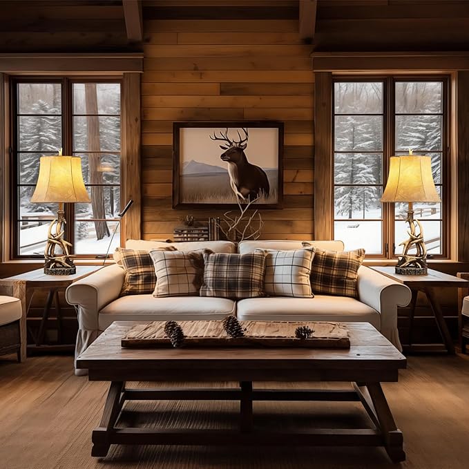 27.25'' Rustic Antler Table Lamps for Living Room with USB A + C Charging Ports Western Cabin Bedside Lamps for Bedroom Nightstand Lamps with Faux Leather Lampshade, Single, Bulb Not Included