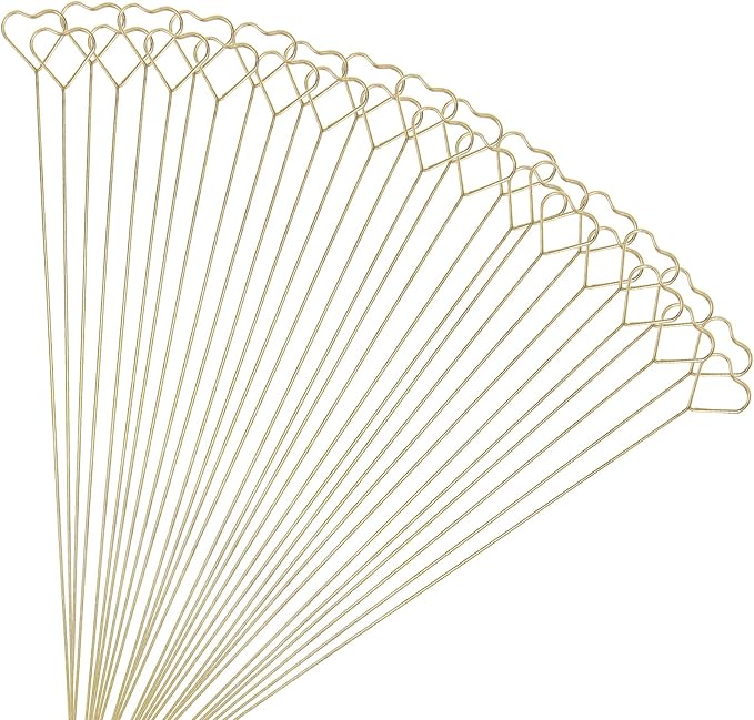 Tinsow 30 Pcs Metal Floral Place Card Holder, 13.4 Inch Heart Shape Flower Picks Clip for Floral Arrangement, Golden Gift Card Holder for Wedding and Party (Hearts)