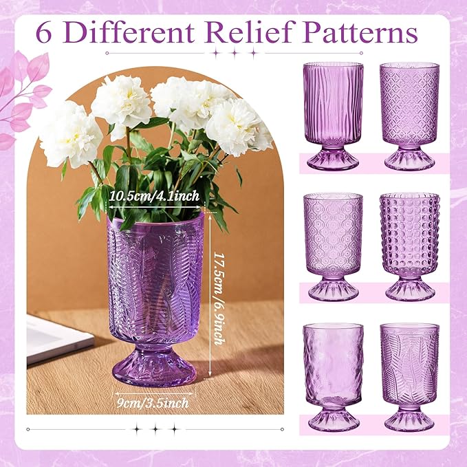 6 Pcs (H:7" W:4") Embossed Flower Vase Fall Pedestal Glass Vase Big Base Thickened Crystal Vintage Vases for Autumn Wedding Home Decor Table Centerpiece House Warming Gifts(Purple)