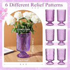 6 Pcs (H:7" W:4") Embossed Flower Vase Fall Pedestal Glass Vase Big Base Thickened Crystal Vintage Vases for Autumn Wedding Home Decor Table Centerpiece House Warming Gifts(Purple)