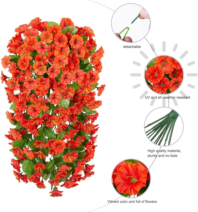 Artificial Fake Fall Hanging Flowers Plants for Outdoor Outside, 2 PCS Faux Silk Orange Morning Glory Trailing Vines Look Real UV Resistant for Autumn Porch Planter Patio Decor