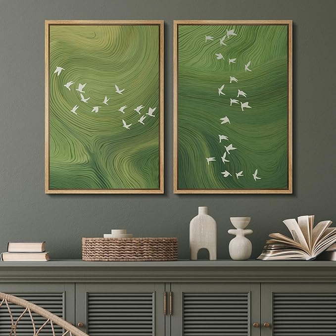 SIGNFORD Framed Canvas Print Wall Art Set Green Swirl Abstract White Birds Illustration Modern Art Decorative Nordic Nature for Living Room, Bedroom, Office - 24"x36"x2 Natural