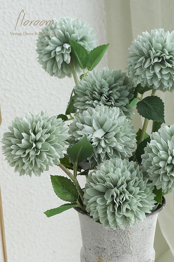 Floroom 12pcs Sage Green Faux Silk Mums Artificial Flowers Bulk Fake Chrysanthemums with Stems for DIY Wedding Table Centerpieces Floral Arrangements Vase Fillers Home Decorations