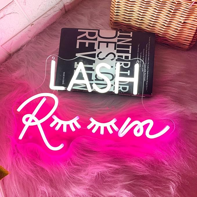 HDJSIGN Lash Room Neon Sign Eyelashes Light Pink Glow LED Sign USB Powered Neon Light for Lash Room Decor Girls Make up Beauty Room Decor Home Wall Decor Birthday Wedding Party Gift for Girls