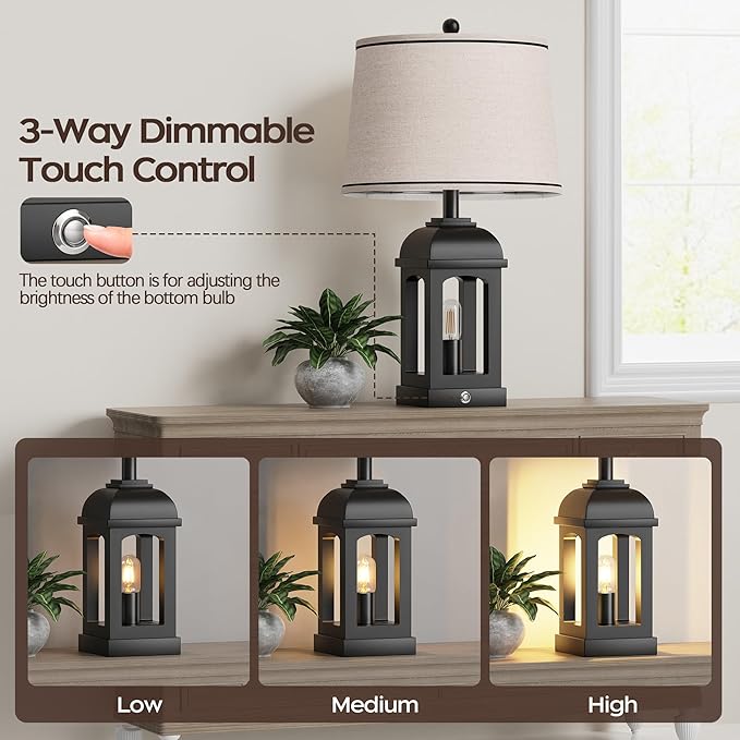 QiMH Table Lamp for Living Room, Farmhouse Lamps with USB A+C and Nightlight, 26" Rustic Bedside Lamps with 3-Way Dimmable Touch Control, Nightstand Lamp for Bedroom, Black, 1 Pack
