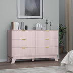 Fluted 6 Drawer Dresser, 47.2" Wide Modern Boho Chest of Drawers, Wooden Storage Dresser TV Stand for Bedroom, Living Room, Closet, Hallway, Curved Profile Design