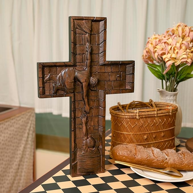 BGCOPPER Crucifix Wall Cross Handmade Wooden Cross with Hook, Christian Wall Art Jesus Wall Cross Gifts for Church Home Room Decor Christmas Cross - 20 Inch