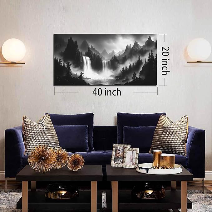 Mountain Wall Pictures for Living Room Decor - Black and White Wall Art Bedroom - Waterfall Canvas Wall Art for Office Size 20" x 40"