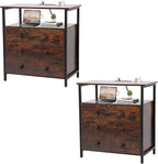 3 Wooden Drawers Nightstand, 27 Inch Wide Night Stand Set 2 with Charging Station and Adjustable Drawers, Small Dresser for Closet, Bedside Table for Living Room/Bedroom/Office, Retro Brown.