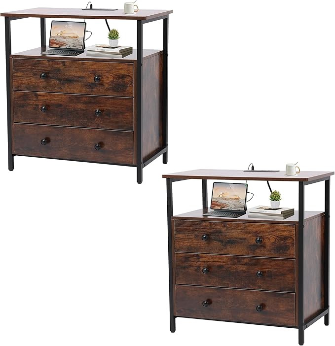 3 Wooden Drawers Nightstand, 27 Inch Wide Night Stand Set 2 with Charging Station and Adjustable Drawers, Small Dresser for Closet, Bedside Table for Living Room/Bedroom/Office, Retro Brown.