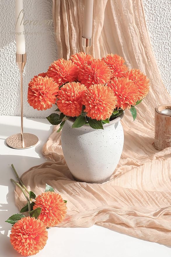 Floroom 12pcs Burnt Orange Faux Silk Mums Artificial Flowers Bulk Fake Chrysanthemums with Stems for DIY Wedding Table Centerpieces Floral Arrangements Vase Fillers Home Decorations
