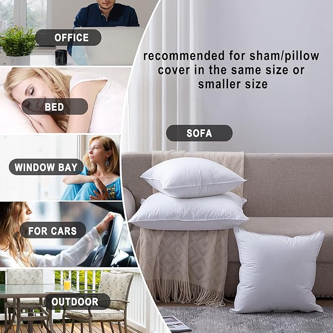 HITO 18x18 Pillow Inserts (Set of 2) - Down Alternative 100% Cotton Cover Decorative Square Throw Pillows White for Couch Bed Sofa