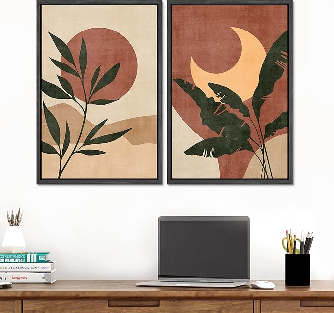 SIGNFORD Framed Canvas Print Wall Art Set Sun & Moon Mid-Century Desert Plants Abstract Shapes Illustration Modern Art Decorative Nordic Nature for Living Room, Bedroom, Office - 16"x24"x2 Black