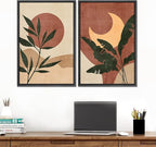 SIGNFORD Framed Canvas Print Wall Art Set Sun & Moon Mid-Century Desert Plants Abstract Shapes Illustration Modern Art Decorative Nordic Nature for Living Room, Bedroom, Office - 24"x36"x2 Black