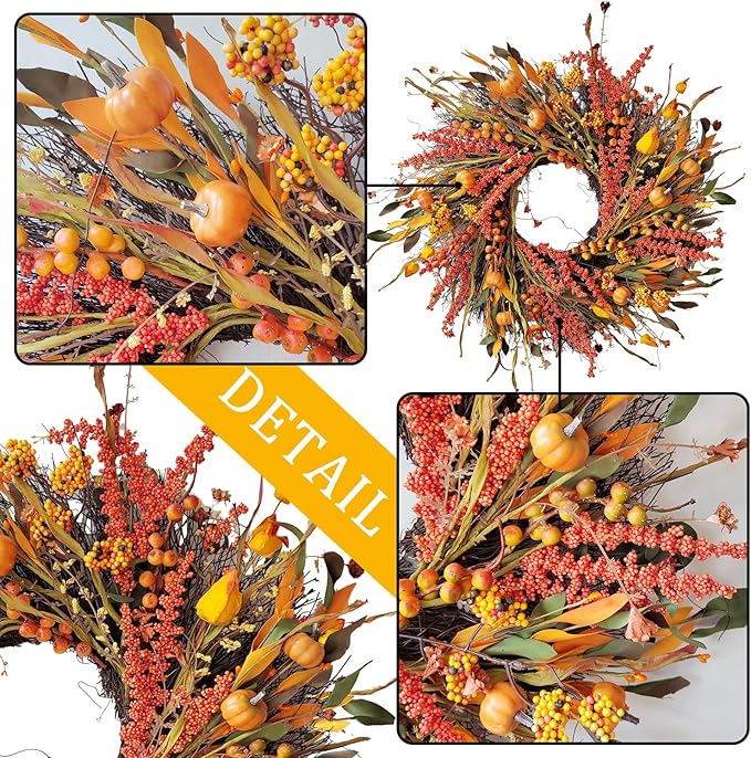 WANNA-CUL 24 inch Fall Wreath Decor for Front Door with Pumpkins, Hawthorn,Grain,Lantern Fruit,Berries,Eucalyptus Leaves, Large Harvest Door Wreath for Autumn or Thanksgiving Decoration
