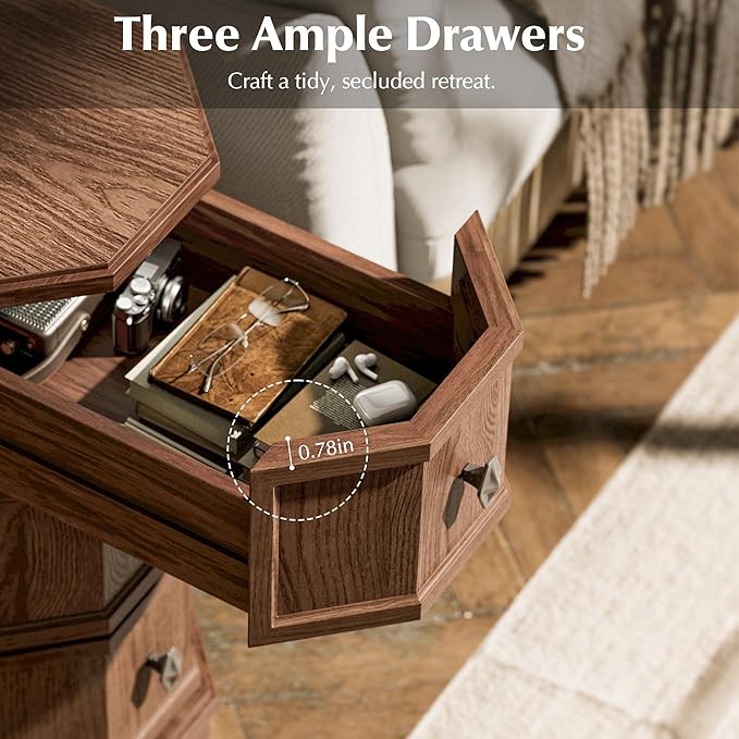 Nightstand Set of 2 with Charging Station, Vintage Wood End Table with 3 Drawer, Victoria Narrow Side Table, Slim Bedside Tables for Bedroom, Pre-Installation, Brown