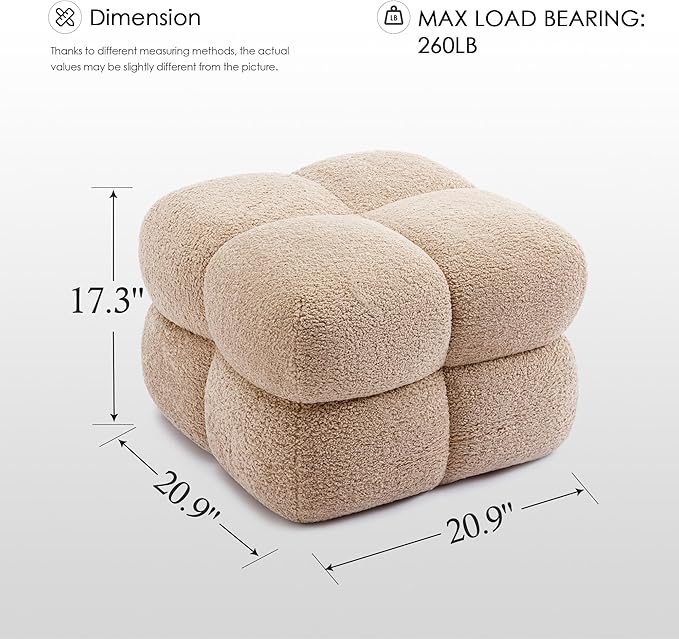 Zesthouse Square Pouf Ottoman, Modern Ottoman Coffee Table for Living Room, Fuzzy Sherpa Stool Foot Rest, Upholstered Tufted Stool for Couch, Tan