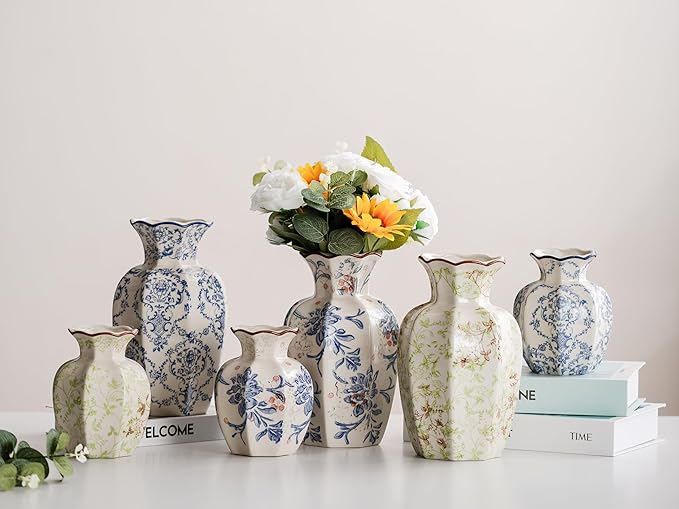 Blue and White Vase, Vintage Blue Ceramic Flower Vessel,Ceramic vases for Home Decor,Vintage Green and Beige for Console Table Mantle Chinoiserie Decor (Blue and White-02, Large)