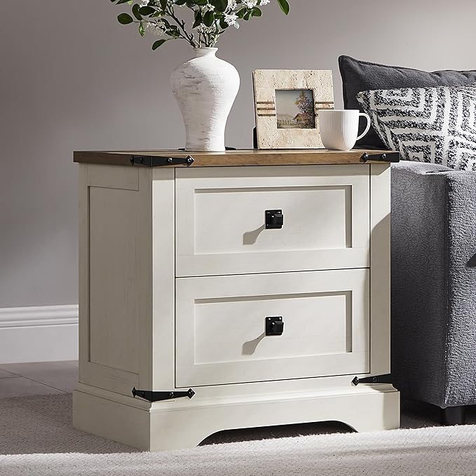 T4TREAM 24" Farmhouse Nightstand with Charging Station Set of 2, Large End Table with 2 Storage Drawers, Rustic Wood Sofa Bedside Table for Bedroom, Antique White