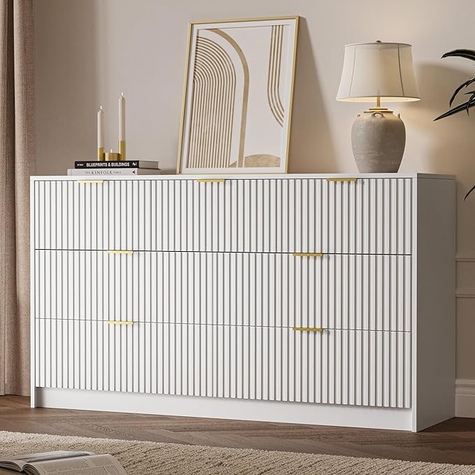 White 7 Drawer Dresser for Bedroom, Modern Fluted Dresser with Gold Metal Handles, Wide Chest of Drawers for Bedroom,Living Room, Entryway, Hallway, 55.9" L x 15.7" D x 31.4" H