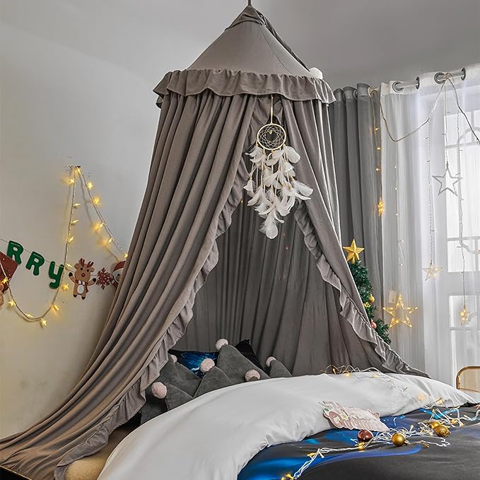 VETHIN Bed Canopy for Girls,Princess Round Dome Dreamy Mosquito Net Bedding Girls Room Castle Play Tent Hanging House Decor Reading Nook Canopies (Grey)