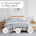 Southshore Fine Living, Inc. Oversized Queen Quilt Set, Striped Blue/White Quilt Bedspread Queen/Full, 3-Piece Coastal Bedding Set with Lightweight Coverlet and Matching Quilted Shams, Blue Stripes