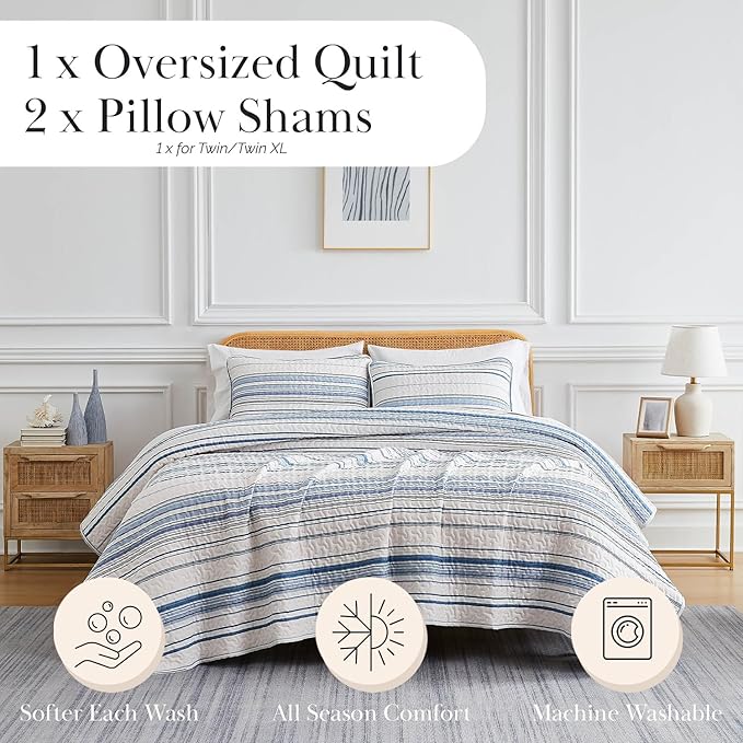 Southshore Fine Living, Inc. Oversized Queen Quilt Set, Striped Blue/White Quilt Bedspread Queen/Full, 3-Piece Coastal Bedding Set with Lightweight Coverlet and Matching Quilted Shams, Blue Stripes
