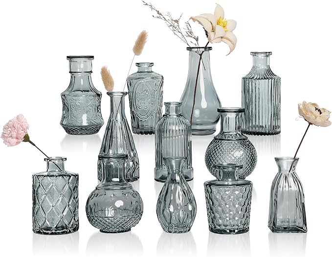 Small Glass Vase Set of 12, Grey Bud Vases for Centerpiece Table Decorations, Boho Vintage Flower Vases in Bulk, Mini Vase Decorative for Wedding Party Baby Shower Birthday Home Decor