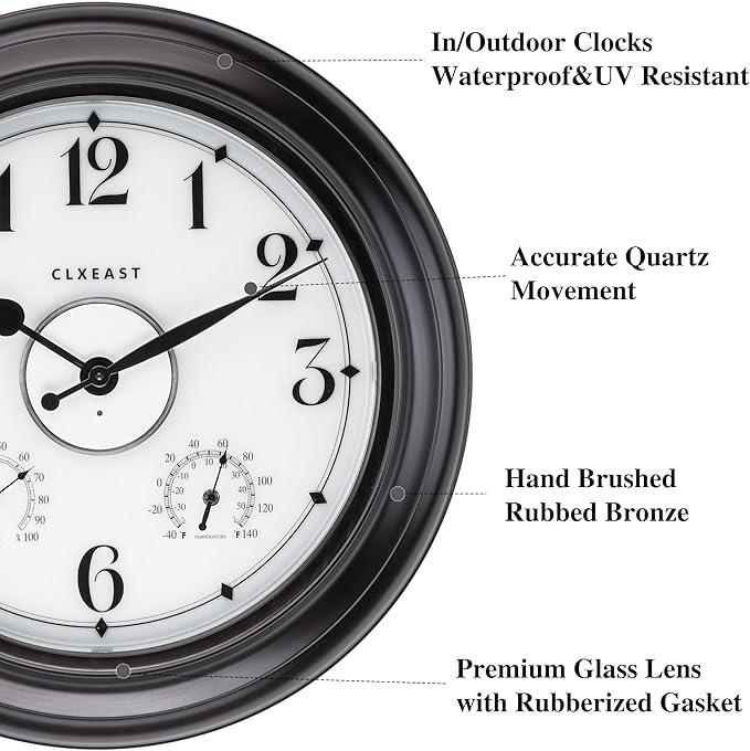 CLXEAST 24 Inch LED Self-Illuminated Outdoor Metal Clocks Waterproof, Large Lighted Outdoor Clock with Temperature and Humidity,House Warming Gifts New Home,Oil Rubbed Bronze Black