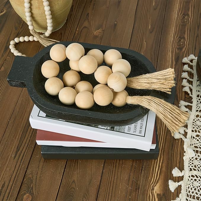 OMISHE Extra Large Wood Bead Garland with 1.6" Diameter Wooden Beads and Tassels, 41" Long Rustic Farmhouse Country Decorative Beads for Home Tiered Tray Decor, Natural Beige