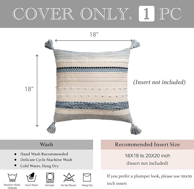 BlissBlush Coastal Blue Boho Decorative Throw Pillow Cover 18x18 Modern Bohemian Accent Pillow Case Square Woven Textured Farmhouse Pillows for Couch Bed (Pack of 1)