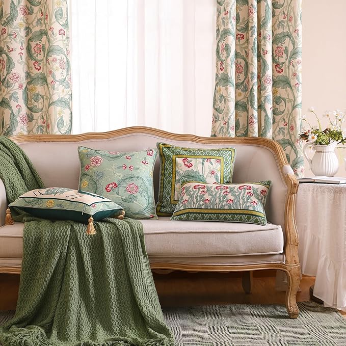 patdrea Designer Pack of 4 Throw Pillow Covers,French Vintage Rustic Linen with Green Floral Pattern Pillows Cover,Decorative Lumbar Square Pillowcases Cushion for Bed Living Room Outdoor Car