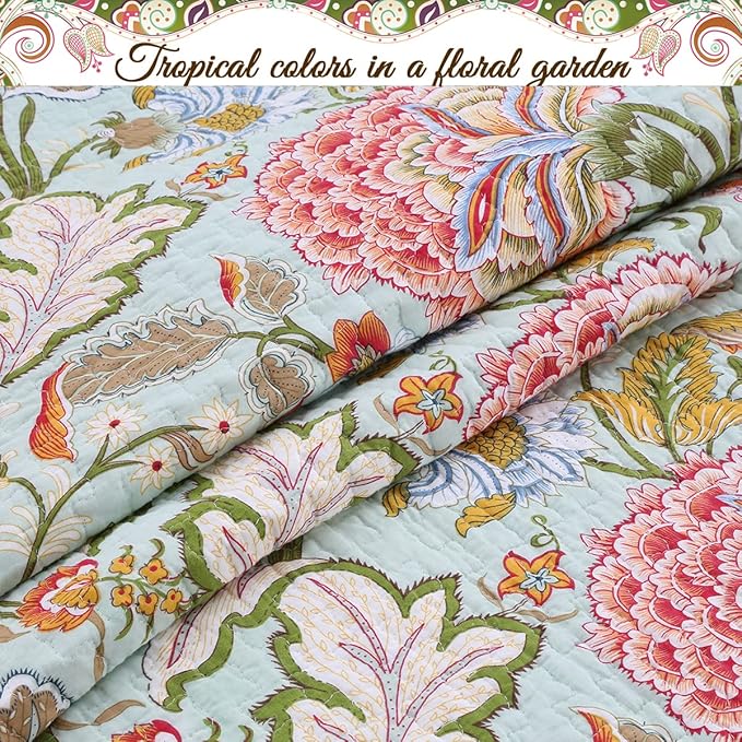Cozy Line Home Fashions Blooming Red White Floral 100% Cotton Reversible Quilt Bedding Set, Coverlet Bedspread (Camellia Green, Queen - 3 Piece)