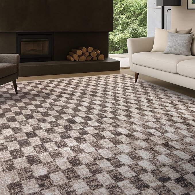 Rugshop Beige Checkered Area Rug – Textured Grid Pattern Carpet for Living Room, Bedroom, or Office – Neutral Contemporary Soft Floor Décor 5' x 7' Beige