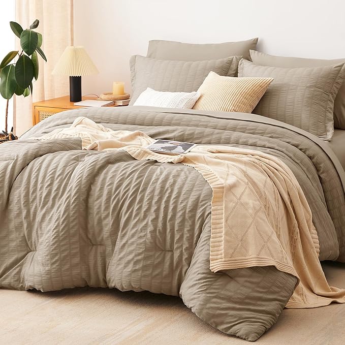 CozyLux Full Size Comforter Sets with Sheets Seersucker 7 Pieces Taupe Bed in a Bag Textured Luxury Soft Bedding Set with Down Alternative Comforter, Sheets, Pillowcases & Shams for All Seasons