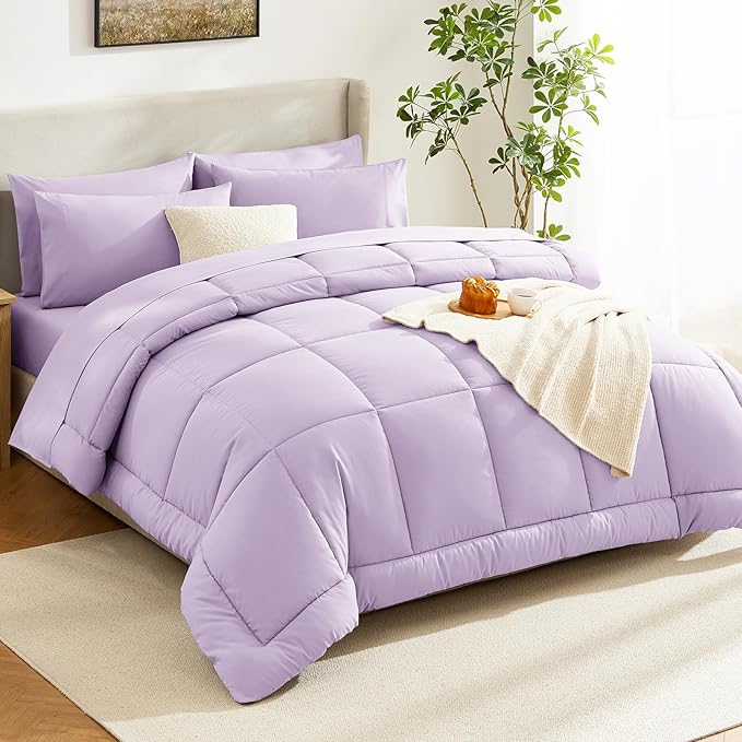 CozyLux King Size Comforter Set Lavender, 7 Pieces Bed in a Bag, Light Purple Comforter King Size, All Season Bedding Sets with Stitch Quilted Comforter, Flat Sheet, Fitted Sheet, Pillowcases