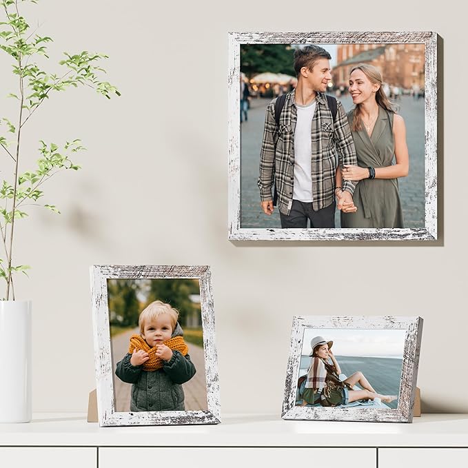 Vittanly 12x12 Picture Frames Set of 9, Shatter Resistant Plexiglass, Display 8x8 Pictures with Mat or 12x12 without Mat, Photo Frames for Wall Mount, Engineered Wood, Distressed White