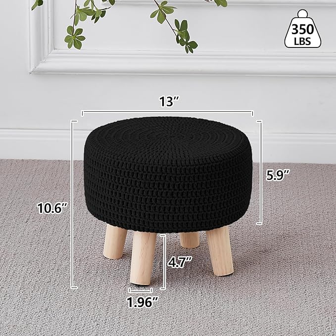 Wimarsbon Small Ottomans, 100% Hand Knitted Pouf Ottoman, Round Footrest with 4 Non-Skid Wood Legs, Boho Décor Cotton Rope Pouffe, Leisure Floor Step Chair for Living Room (Black)