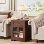 Farmhouse End Table with Drawer, 18" Large Side Table with Storage Cabinet and Acrylic Door, Wood Nightstand Bedside Table for Living Room, Bedroom (Espresso)