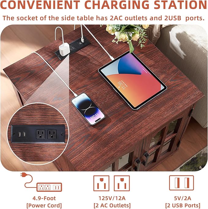 Farmhouse End Table Set of 2 with Charging Station, 18'' Narrow Side Table and 24" Large Sofa Side Table with Glass Barn Door Storage, Wood Night Stand Bedside Table for Living Room,Bedroom