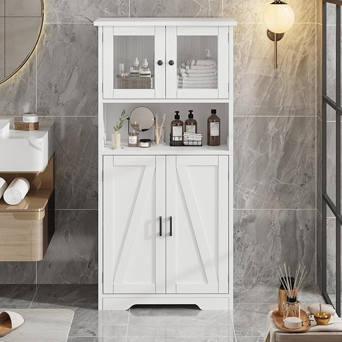GarveeHome 54in Tall Bathroom Cabinet, Farmhouse Storage Cabinet with Glass Doors and Adjustable Shelves, Freestanding Kitchen Pantry Cabinets, Cupboard for Living Room, Dining Room, White