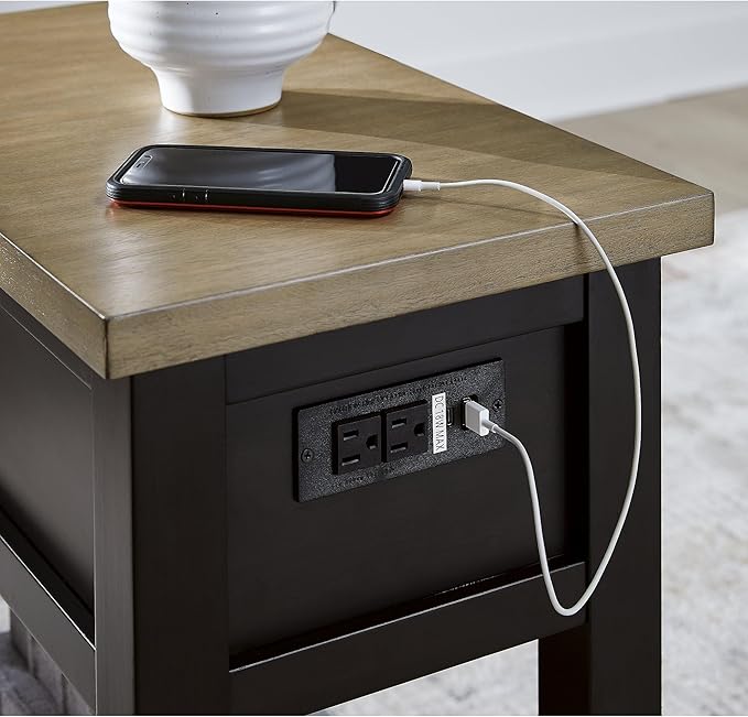Signature Design by Ashley Drazmine Casual 1 Drawer Chair Side End Table with USB Charging Ports, 1 Lower Shelf and Power Cord, Light Brown & Black