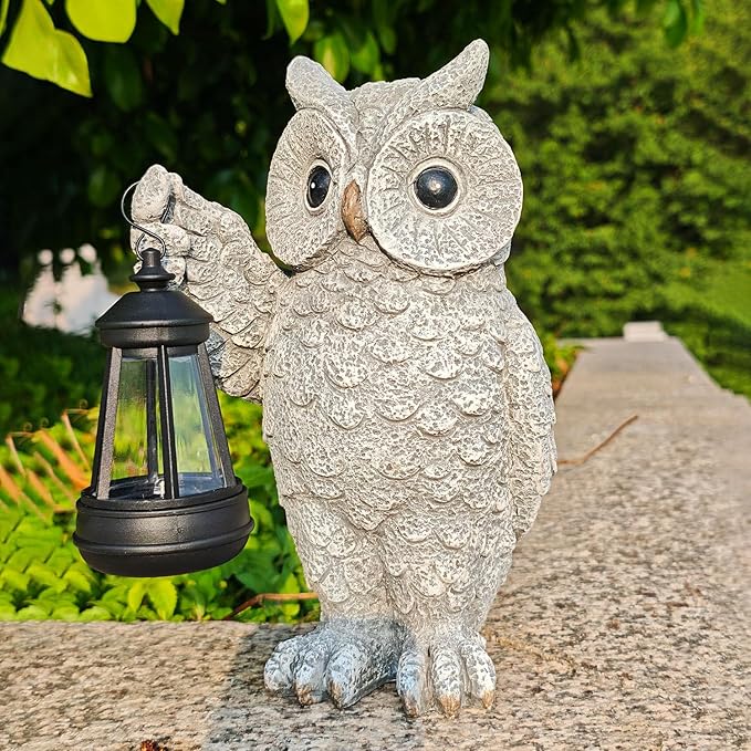 Garden Statues, owl Outdoor Figurines Decorated with Solar Lights, Unique Christmas Birthday Gifts for Moms, Grandmas, Women, Wives, Sisters (Grey Owl1)